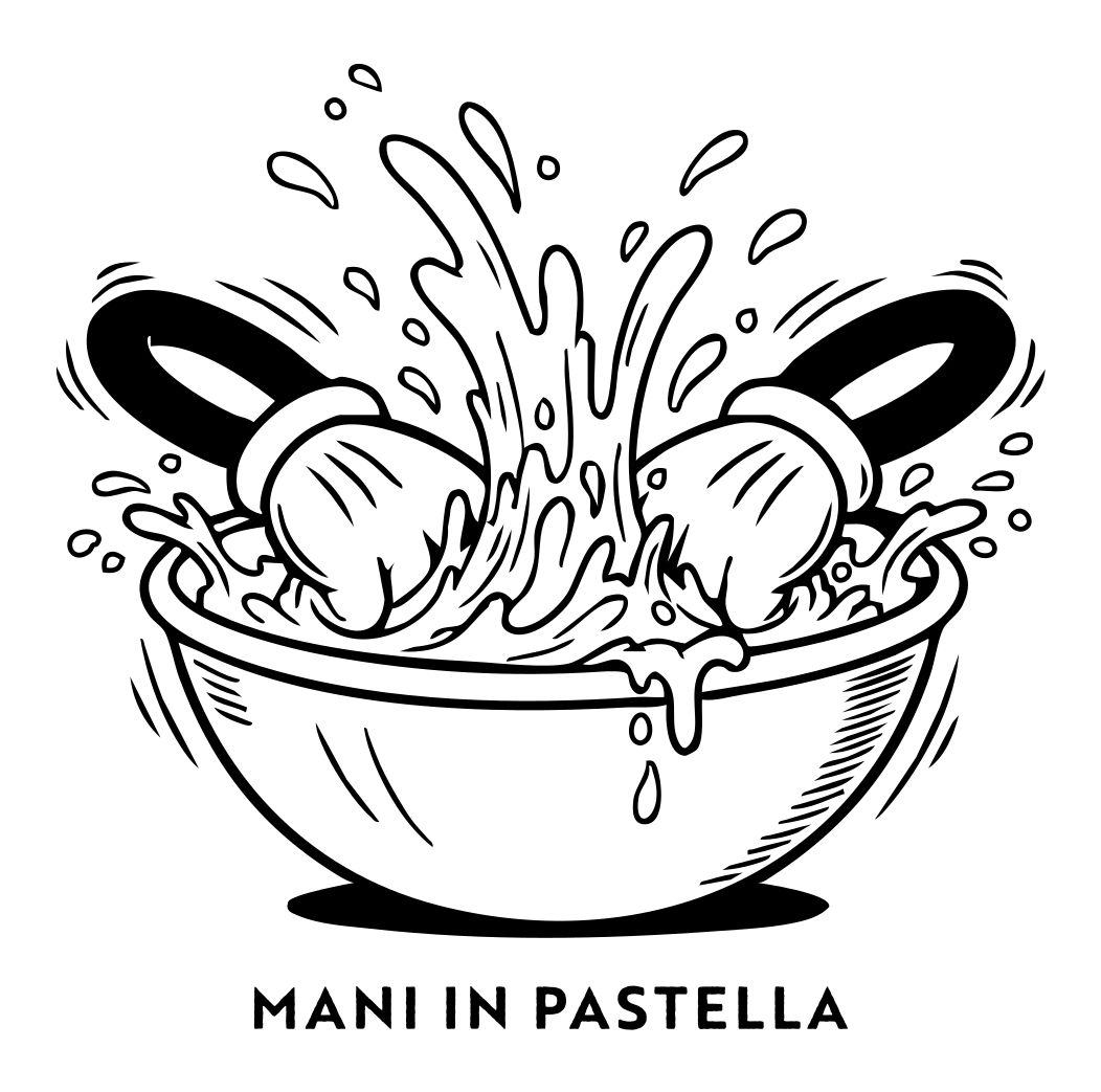 Illustrazione Mani in pastella: due mani mescolano la pastella in una ciotola